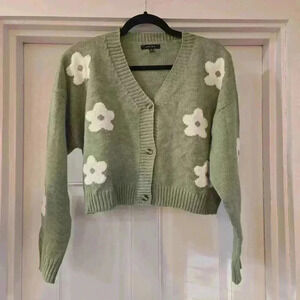 Love Tree RetroFloral Long Sleeve V-Neck Cardigan Green Womens Size Medium